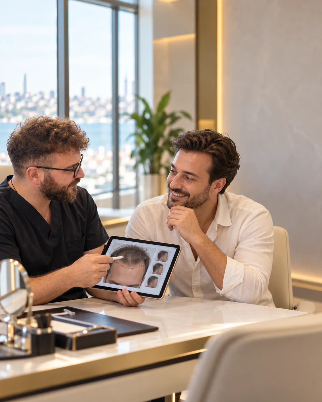 Golden Horn Clinic doktoru hastayla saç ekimi planını tablette inceliyor